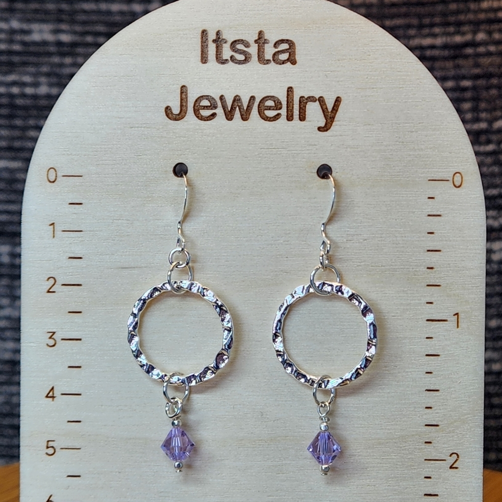 Swarovski Crystal Earrings Alexandrite, Hammered Circle Sterling Silver Earwires